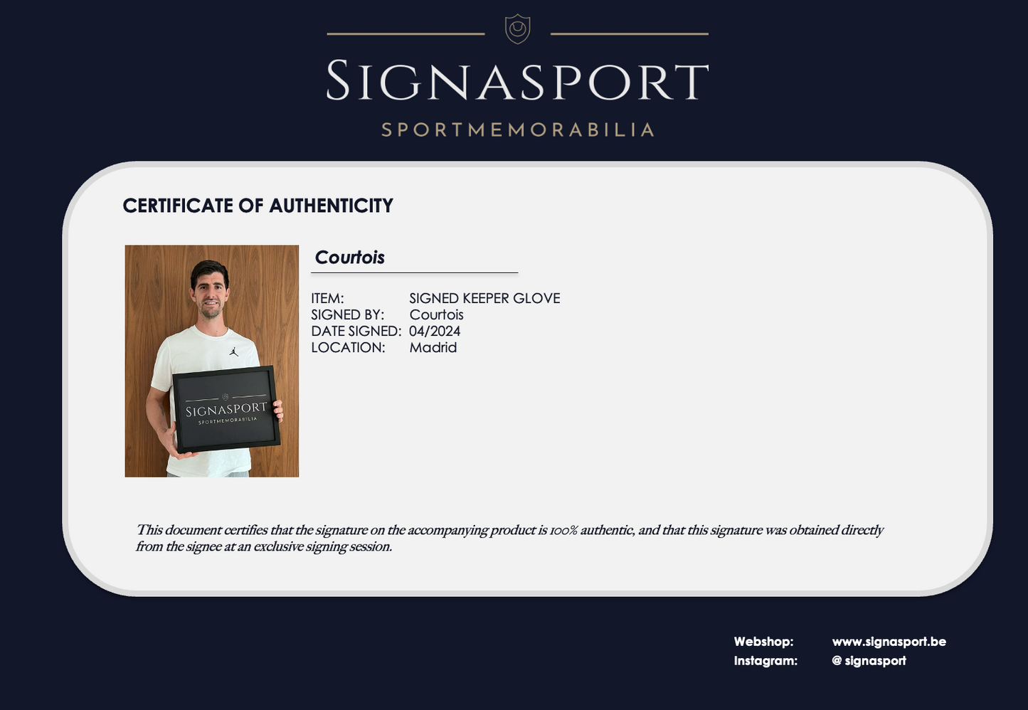 Courtois Signed Goalkeeper Glove. Framed.