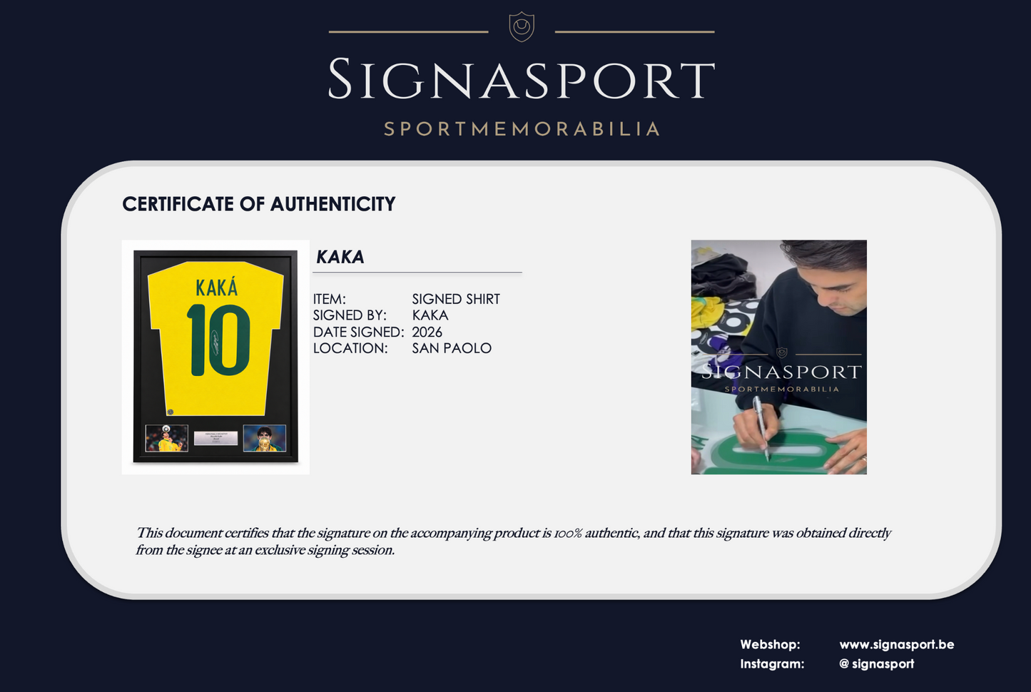 Kaká Signasport Certificate of Authenticity