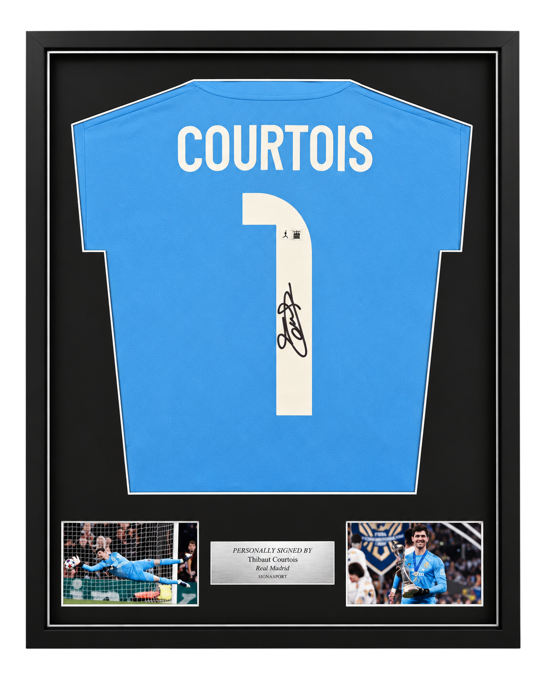 Courtois Signed Real Madrid Football Shirt. Deluxe Frame
