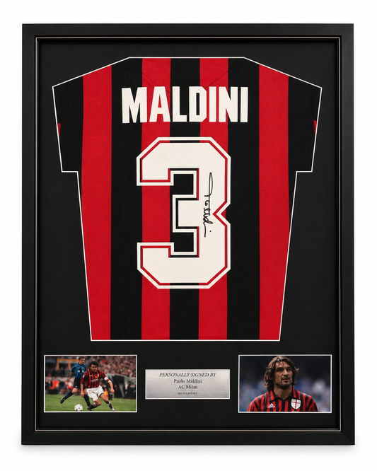 Maldini Signed AC Milan Football Shirt. Deluxe Frame