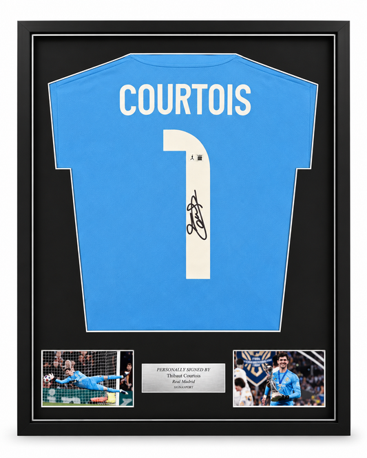 Courtois Signed Real Madrid Football Shirt. Deluxe Frame