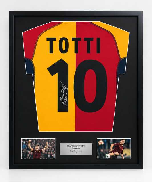 Totti Signed Bicolor AS Roma Football Shirt. Deluxe frame