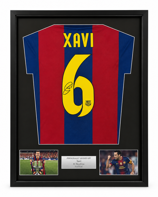Xavi Signed FC Barcelona Football Shirt. Deluxe Frame