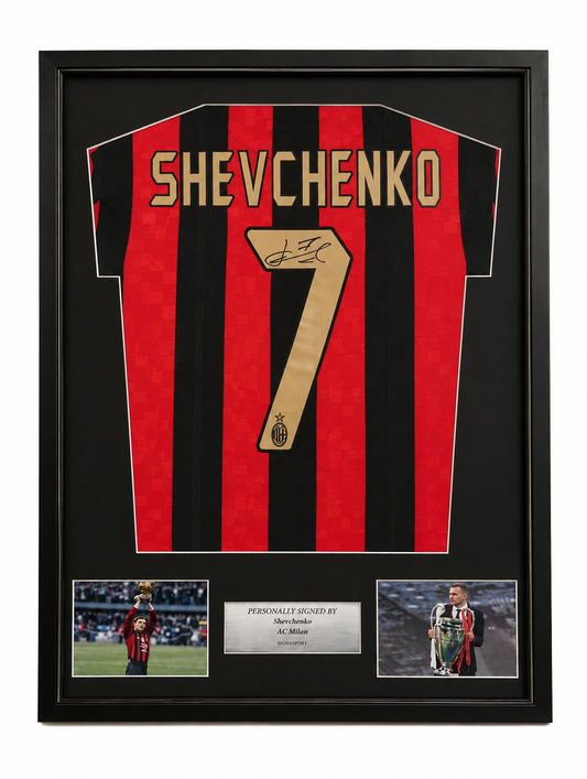 Shevchenko Signed AC Milan Football Shirt. Deluxe Frame