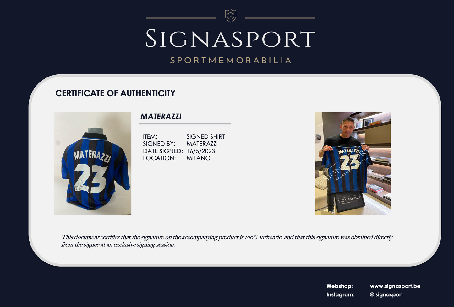 Materazzi Signed Inter 97|98 Football Shirt. Deluxe Frame