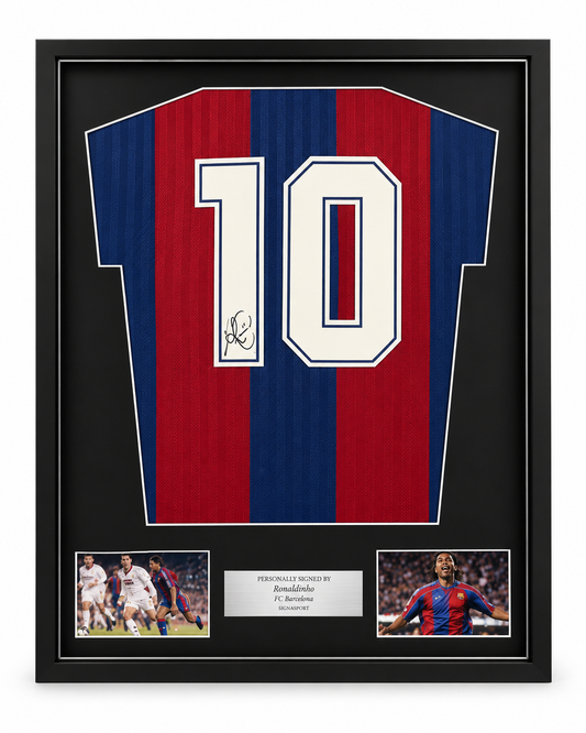 Romario Signed FCB Football Shirt. Deluxe Frame