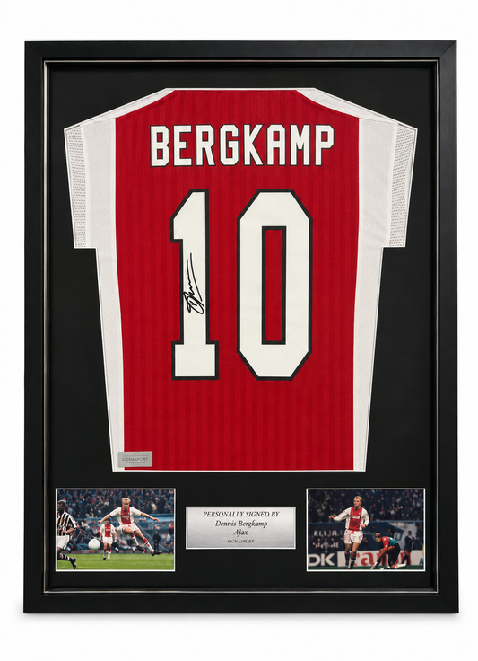 Bergkamp Signed Ajax Football shirt. Deluxe Frame