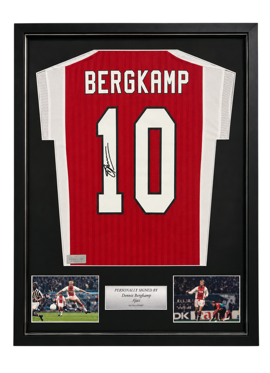 Bergkamp Signed Ajax Football shirt. Deluxe Frame