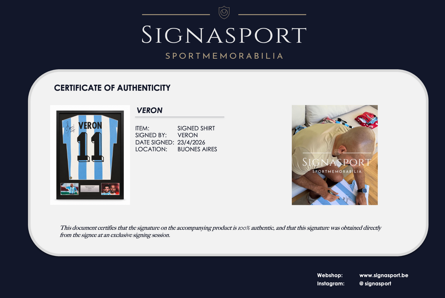 Juan Sebastián Verón Signasport Certificate of Authenticity